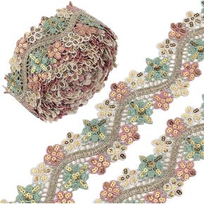 GORGECRAFT 10 Yards Embroidery Flower Lace Ribbon 2 Inch Gold Thread Paillette Colorful Floral Lace Trim Roll Vintage Edging Trimming Applique for Bridal Wedding Dress Sewing Crafting DIY Decoration