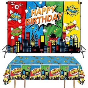 Superhero Party Backdrop 7x5ft and Super Hero Birthday Plastic Tablecloth 71x42.5 Inches Kids Boy Hero City Birthday Party Table Cover Cloth Banner Background Decorations