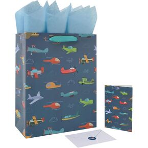 13" Large Helicopter Plane Gift Bag Set with Handles, Greeting Card, Tissue Papers and Stickers for Boys Kids Birthday Party, Baby boy, Baby Shower, Newborn, New Moms or Parents, 1 Pcs