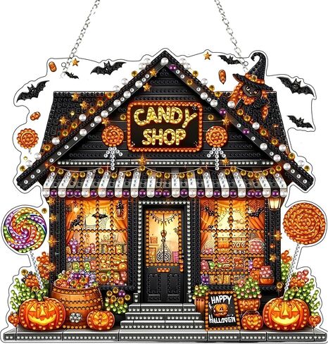 JJfox Diamond Art Att Kit للبالغين ، وحجر الراين الخاص بالبالغين ، و DIY أكريليك الماس للفنون النافذة المعلقات منزل حديقة الجدار معلقة زخرفة (منزل الحلوى) in Kuwait