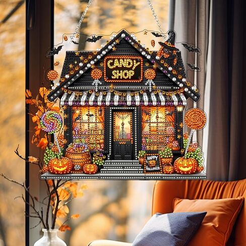 JJfox Diamond Art Att Kit للبالغين ، وحجر الراين الخاص بالبالغين ، و DIY أكريليك الماس للفنون النافذة المعلقات منزل حديقة الجدار معلقة زخرفة (منزل الحلوى) in Kuwait