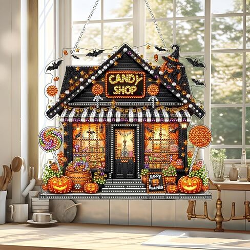 JJfox Diamond Art Att Kit للبالغين ، وحجر الراين الخاص بالبالغين ، و DIY أكريليك الماس للفنون النافذة المعلقات منزل حديقة الجدار معلقة زخرفة (منزل الحلوى) in Kuwait