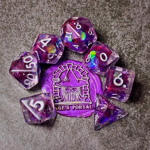 Sage's Portal's Cantrips DND Set - Round Edge Resin 7 -PC Polyhedral DND Dice Met للبرنز والتنين D&D RPG TTRPG (نجوم أرجوانية) in Kuwait