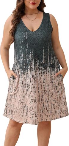 Women Plus Size V Neck Sleeveless Floral Print Pocket T Shirt Dresses Casual Midi Tank Dress Beach Cover up Sundress (XL-5X) in Kuwait