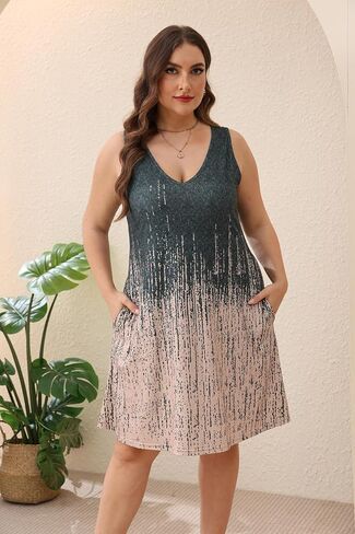 Women Plus Size V Neck Sleeveless Floral Print Pocket T Shirt Dresses Casual Midi Tank Dress Beach Cover up Sundress (XL-5X) in Kuwait