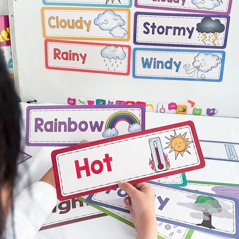 مجموعة ألواح نشرة الطقس 16pcs ، 3.46 × 10.5 بوصة بطاقات كبيرة ، زخرفة الفصول الدراسية ، أدوات تعليم المعلمين in Kuwait