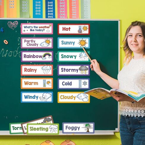 مجموعة ألواح نشرة الطقس 16pcs ، 3.46 × 10.5 بوصة بطاقات كبيرة ، زخرفة الفصول الدراسية ، أدوات تعليم المعلمين in Kuwait