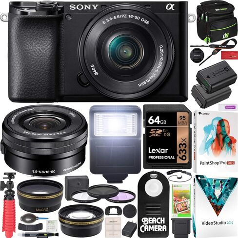 كاميرا Sony a6100 بدون مرآة 4K APS-C، هيكل فقط، حزمة كاميرا ILCE-6100B مع بطارية 2X + حقيبة سفر Deco Gear + بطاقة ذاكرة 64 جيجابايت + مجموعة برامج صور فيديو + ملحقات in Saudi Arabia