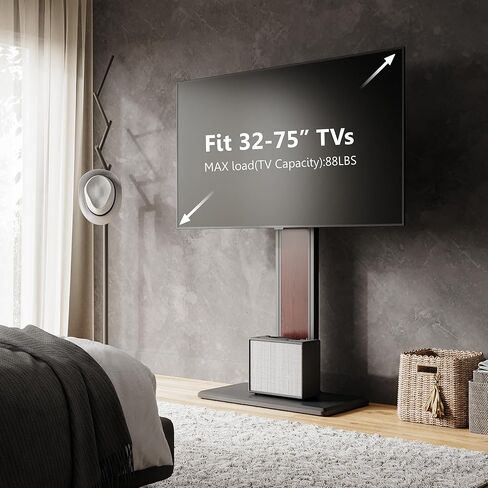 حامل تلفزيون أرضي عالمي من FITUEYES مع حامل دوار قابل للتعديل لـ 32 43 50 55 65 75 بوصة، حامل تلفزيون زاوية حديث في منتصف القرن مع رف مرن لغرفة المعيشة وغرفة النوم (أبيض وطبيعي) in Kuwait