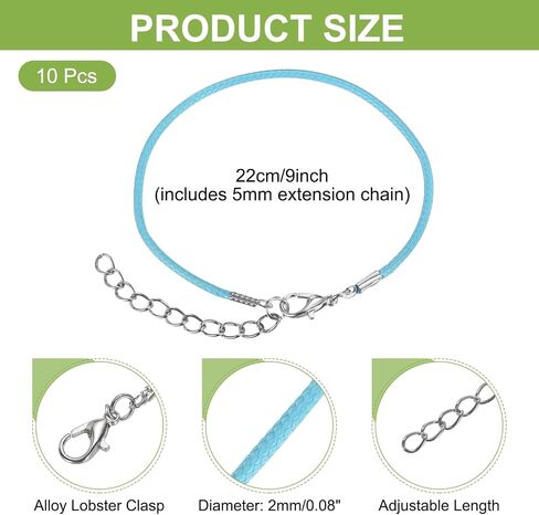 MECCANIXITY 10 PCS Light Blue Bracelet Cord,9" Adjustable Friendship Bracelet 2mm Waxed Polyester Cord with Lobster Clasp Bracelet String for Bracelet Making Jewelry DIY Craft in Saudi Arabia