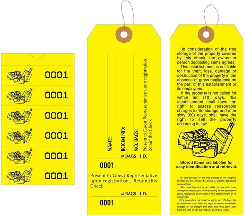 1000 Baggage Claim Check Tags with Manifold Construction for Multiple Bags. Yellow Stock, Printed in Black Ink with 6 Yellow Labels & Matching Numbers & Elastic String Attached. Size: 6 1/2" x 2 1/2" in Saudi Arabia