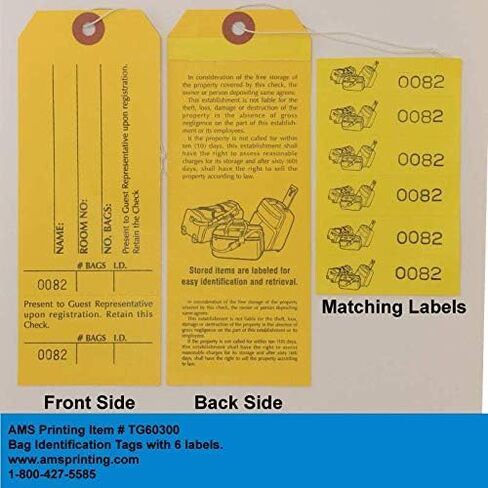 1000 Baggage Claim Check Tags with Manifold Construction for Multiple Bags. Yellow Stock, Printed in Black Ink with 6 Yellow Labels & Matching Numbers & Elastic String Attached. Size: 6 1/2" x 2 1/2" in Saudi Arabia