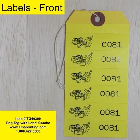 1000 Baggage Claim Check Tags with Manifold Construction for Multiple Bags. Yellow Stock, Printed in Black Ink with 6 Yellow Labels & Matching Numbers & Elastic String Attached. Size: 6 1/2" x 2 1/2" in Saudi Arabia
