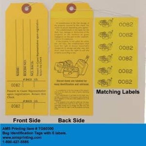 1000 Baggage Claim Check Tags with Manifold Construction for Multiple Bags. Yellow Stock, Printed in Black Ink with 6 Yellow Labels & Matching Numbers & Elastic String Attached. Size: 6 1/2" x 2 1/2" in Saudi Arabia
