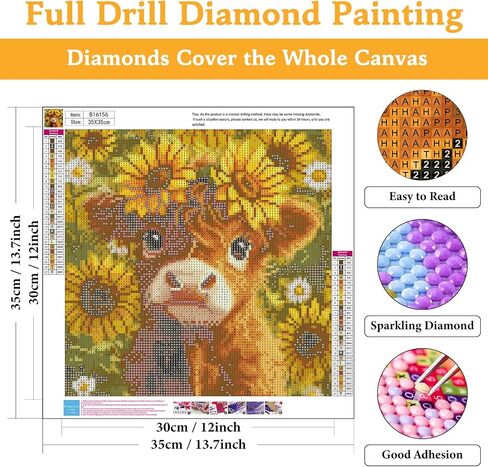 Diamond Art Kits for Adults Highland Cow, DIY 5D Diamond Painting Kit for Beginners Sunflower, Cow Full Round Drill Gem Art Dots for Adults, Perfect for Home Wall Decor 14X14 Inch in Saudi Arabia