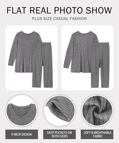 RITERA Womens Plus Size 2 Piece Outfits Lounge Sets Knit Sweatsuit Long Sleeve Pullover Tops Wide Leg Pant Pajama Sets XL-5XL in Saudi Arabia