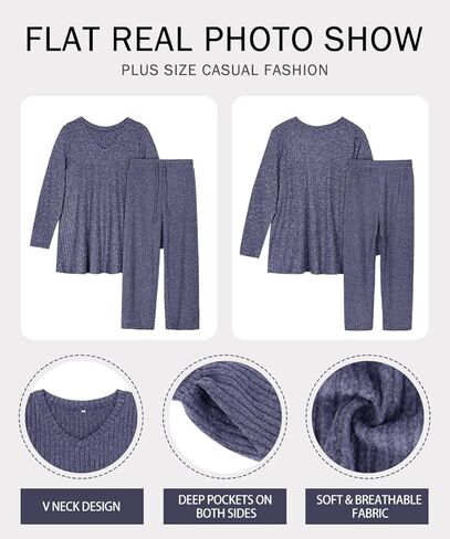RITERA Womens Plus Size 2 Piece Outfits Lounge Sets Knit Sweatsuit Long Sleeve Pullover Tops Wide Leg Pant Pajama Sets XL-5XL in Saudi Arabia