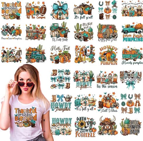 سقوط الحديد الغربي على التحويلات - 30 ورقة رجعية DTF جاهزة للضغط على بقع الحرارة السائبة Howdy Pumpkin Football Stickers شارات القمصان للنساء ملابس الملابس قبعة DIY الحرف اليدوية in Kuwait