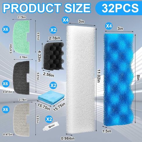 32 Pcs Replacement Filter Media Kit Compatible with Aquarium Filters Include Biological Foams Ammonia Remover Phosphate Pads Nitrite Remover, Towel and Grease (Compatible with 206/207) in Saudi Arabia