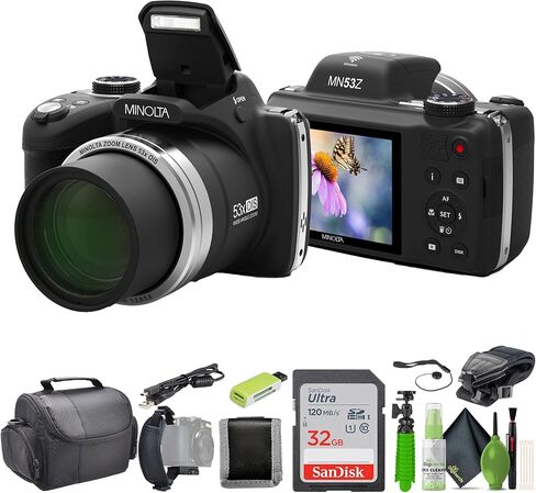 MINOLTA MN53Z 16 MP / 1080P FHD Bridge Digital Camera w/53x Optical Zoom (Purple) Bundle with 32GB Memory Card + Camara Bag + Cleaning Kit + Vlogging Tripod + Accessories in Kuwait