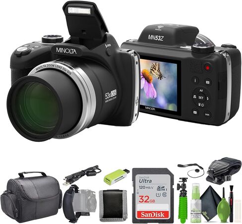 MINOLTA MN53Z 16 MP / 1080P FHD Bridge Digital Camera w/53x Optical Zoom (Purple) Bundle with 32GB Memory Card + Camara Bag + Cleaning Kit + Vlogging Tripod + Accessories in Kuwait