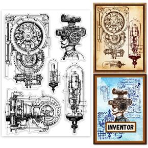 GLOBLELAND Vintage Gear Machinery Clear Stamps 21x14.8cm Punk Gear Silicone Clear Stamp Seals Transparent Stamps for DIY Scrapbooking Cards Making Photo Album Journal Home Decoration
