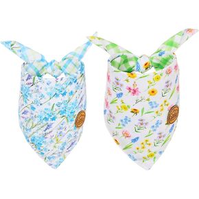 CROWNED BEAUTY Spring Dog Bandanas Reversible Large 2 Pack, Spring Fields Set, Floral Adjustable Triangle Holiday Scarves for Medium Large Extra Large Dogs Boy Girl Pets DB169-L