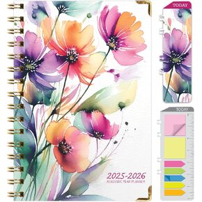 HARDCOVER Academic Year 2025-2026 Planner: (June 2025 Through July 2026) 5.5"x8" Daily Weekly Monthly Planner Yearly Agenda. Bookmark, Pocket Folder and Sticky Note Set (Rainbow Floral)