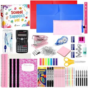 Back to School Supply Box 108 Pcs Middle High School Supplies Kit for Student Essentials Bundle Include Pencils Scissors Compass Notebook Calculator Ruler Eraser Pens Highlighters(Colorful)