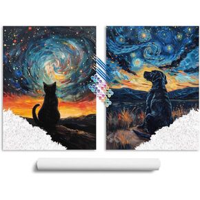 Paint by Numbers for Adults, Black Cat Staring at The Sky Acrylic Easy DIY Oil Painting by Numbers on Canvas Without Frame, Black Dog, Starry Sky, 12x16 Inch, 2 Pack, Abstract Paints Kits