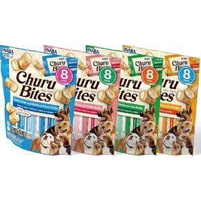 INABA Churu Bites for Dogs, Grain-Free, Soft/Chewy Baked Chicken Wrapped Churu Filled Dog Treats, 0.42 Ounces Each Tube | 32 Tubes Total (8 Tubes per Pack), 4 Flavor Variety Pack