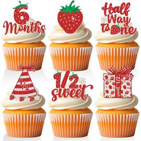 18 PCS 6 Months Strawberry Cupcake Toppers for Girls Sweet Berry 1/2 Birthday Cake Decor Picks Half Way to One Baby Girl Decorations Supplies