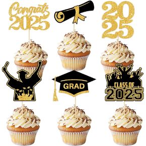 36Pcs Graduation Cupcake Toppers 2025, Black Gold Class of 2025 Congrats Grad Cupcake Picks Glitter Graduation Cake Toppers for Grad Party Cake Decorations Supplies