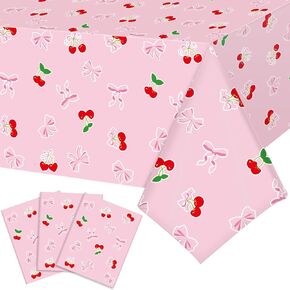 Tiamon 3 Pcs Cherry Bow Table Cloth Red Cherries Table Cover Pink Bow Tablecloth Disposable Plastic She's The Cherry On Top Tablecover for Bachelorette Baby Shower Bridal Birthday Party Decor Supplies