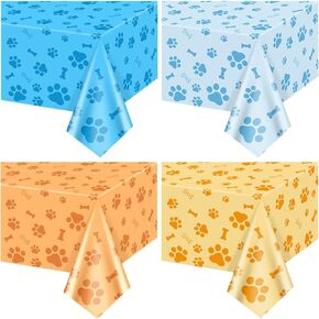 4 Pack Puppy Dog Paw Print Tablecloths, Blue Orange Paw Print and Bone Sign Dog Party Decorations for Pet Lets Pawty Party Supplies, 51 x 86 inch