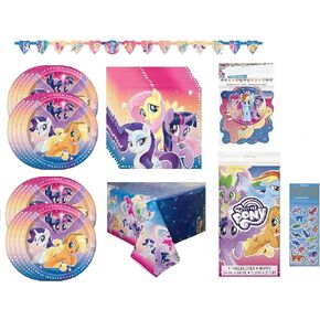 My Little Pony Birthday Supplies Bundle Pack includes 16 Dessert Plates, 16 Napkins, 1 Table Cover, 1 Happy Birthday Banner, 1 Dinosaur Sticker Sheet - Bundle for 16