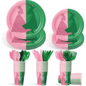 144 Pcs Pink and Green Witch Party Decorations Tableware Movie Themed Birthday Party Supplies Witch Princess Paper Plates Cups Knives Forks Spoons to Serve 24 Guest