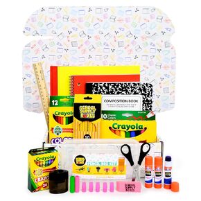 Back to School Supply Box (Case - 4 Boxes) - Grades K-5 Back to School Supplies - 32 Piece Kit Includes Markers, Crayons, Pencils, Scissors, Folders, Glue Sticks, Notebook, and Composition Book