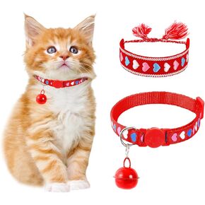 E-Clover Red Cat Collar & Matching Friendship Bracelet Safe Buckle Cute Loving Heart Printed Collar for Cat Collar with Bells