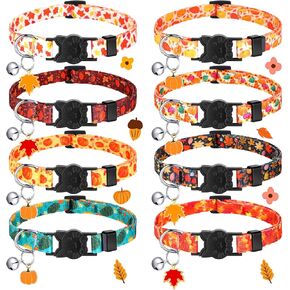 Sanwuta 8 Pcs Fall Cat Collars Breakaway Thanksgiving Adjustable Cat Collar with Maple Leaf Pumpkin Bell and Pendant Autumn Orange Kitten Dog Collar for Holiday Cat Costume Boy Girl PET Puppy Party