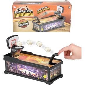 Basketball Shot Coin Bank (8.5") Plastic. Score and Save Coin Bank for Hoop Enthusiasts, Office, Desk Game, Kids Play, Party Favor, Savings Money