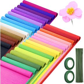 Humyoun 30 Pack Crepe Paper Rolls 16 Inch Wide 8.2ft Long Crepe Paper Flower Streamer with 60 Floral Stem Wires and 2 Floral Tapes for Flower Making DIY Gift Birthday Wedding Decorations