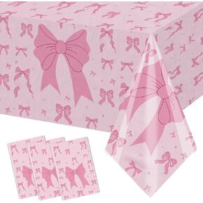 MEHOFOND 3 Pack Pink Bow Tablecloth, Disposable Plastic Coquette Bow Birthday Table Cloth Rectangle 54x108 inch, Table Cover for Women Girls Bridal Baby Shower Bachelorette Party Supplies Decor