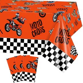 PHOGARY 3pcs Dirt Bike Table Cloth for Boys Men Birthday Party Decorations, Checkered Racing Motorcycle Disposable Plastic Rectangular Table Covers Motocross Moto Theme Party Favors Supplies 51x86Inch