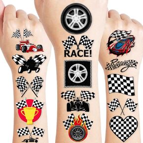96 PCS Funny Race Car Checkered Flags Pre-Cut Temporary Tattoos for Kids Themed Birthday Party Supplies Decorations Decor Favors Black and White Racing Tattoo Stickers (Multiple)