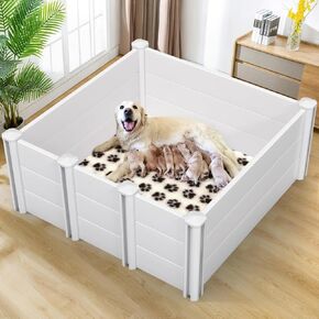 Whelping Box for Dogs, PVC Waterproof & Rustproof Puppy Playpen with Adjustable Height Door, Puppy Whelping Supplies & Raised Garden Bed, Easy Assembly, Indoor/Outdoor Use, 48x48x18in