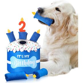Dog 1st Birthday Cake Toy Squeaky Plush Chew Toys for Birthday Party Interactive Puppy Plush Puzzle Stress Relief for Small Medium Large Dog Party Favor Decor(Blue)