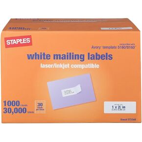 Staples 573946 Laser/Inkjet Address Labels 1-Inch H x 2 5/8-Inch W White 30 Labels/Sheet