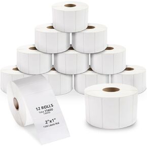 2x1 inch Direct Thermal Labels for Barcodes, Address Label, Perforated & Compatible with Rollo, Zebra Desktop Label Printers Adhesive (12 Rolls, 1300 Labels/Roll)