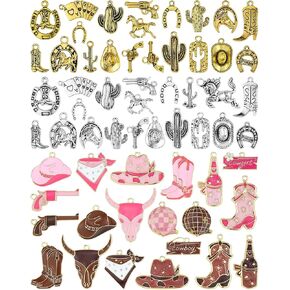 60pcs Western Cowboy & Cowgirl Charms for Jewelry Making, Antique Silver Gold Enamel Pendants Hat Boot Horse Cactus Trinkets for Bracelet Necklace Earrings Keychain(4 colors)